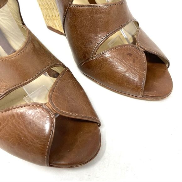 Alexandre Birman Brown Leather Raffia Wedge Sandals Size 38.5 - Picture 10 of 11